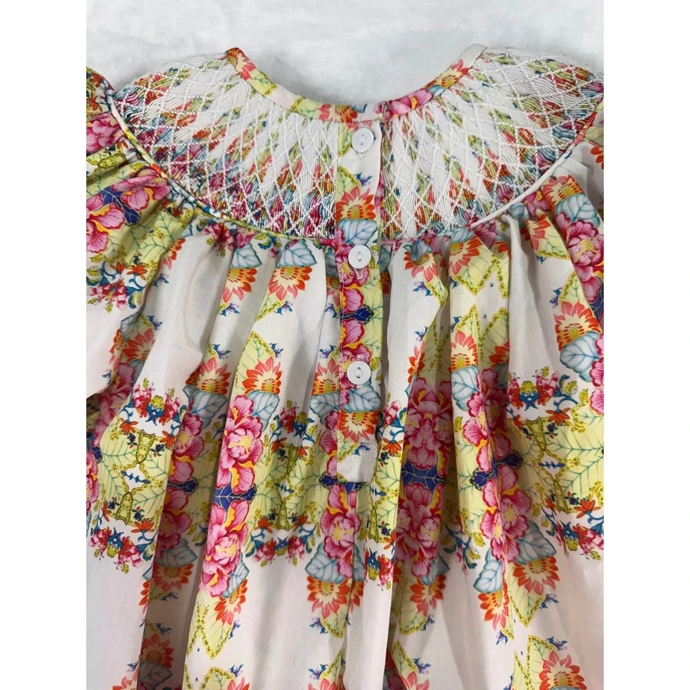 Magnolia Steel Smocked Floral Bubble Romper 18M White Pink Long Sleeve Baby Girl